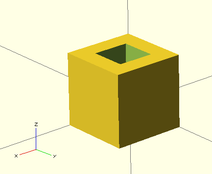 Disegna un cubo di lato 2 mm con un foro quadrato da 1 mm di lato. Il parallelepipedo a base quadrato che produce il foro viene fatto uscire da entrambi i lati di 0,5 mm.