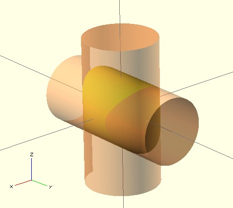 Crea l'intersezione tra una sfera di raggio 1 e un cilindro di raggio 0,9 e altezza 3. intersection() { sphere(r=1,center=true,$fn=100); cylinder(r=0.