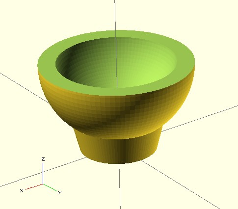 Esempi Disegna una scodella // Definisce la risoluzione per tutto il disegno $fn=100; //Sposta il punto di disegno translate ([0,0,12]) { difference() { //Disegna la sfera esterna