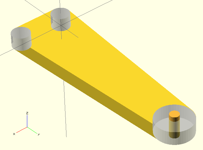 cube(size=[20,20,10],center=true); // Disegna il tronco di cono come base translate([0,0,2])cylinder (h=4,r1=5,r2=6,center=true); Disegna un semplice portachiavi $fn = 50; difference () {