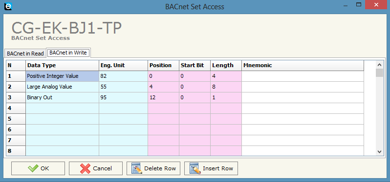 5.6 Configurazione registri BACnet In questa sezione, vengono definiti i registri, con le modalità di lettura e scrittura, che devono essere scambiati con la rete BACnet.