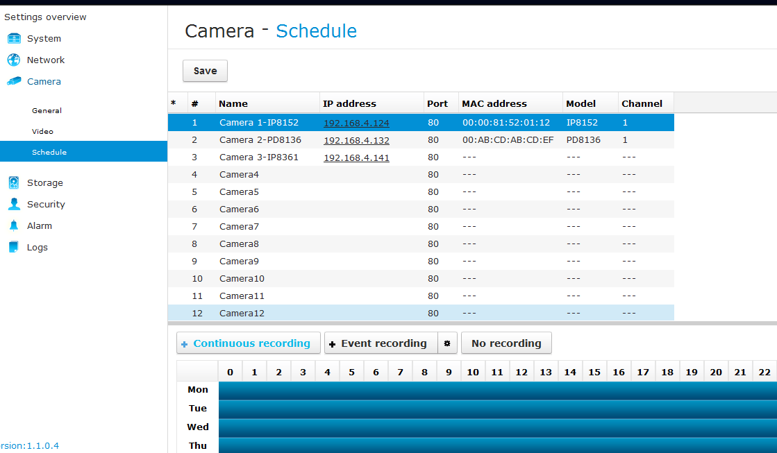 12. Cliccare su Camera (Telecamera) > General (Generale) sulla struttura del menu per aprire la pagina delle impostazioni della telecamera.