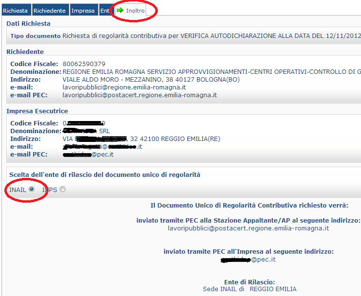 Infine, nella sezione Inoltro, selezionando l ente che rilascerà il documenti (in questa caso l INAIL), il portale