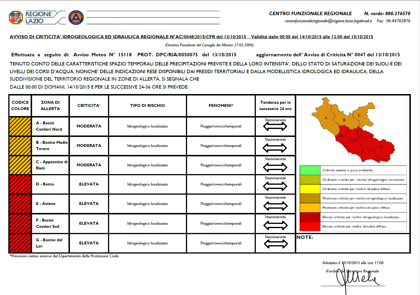 Il 14 ottobre, in base alle nuove valutazioni dei quantitativi cumulati previsti emesse dal DPC ed agli effetti al suolo effettivamente registrati nelle 24 ore precedenti, il CFR ha emesso un