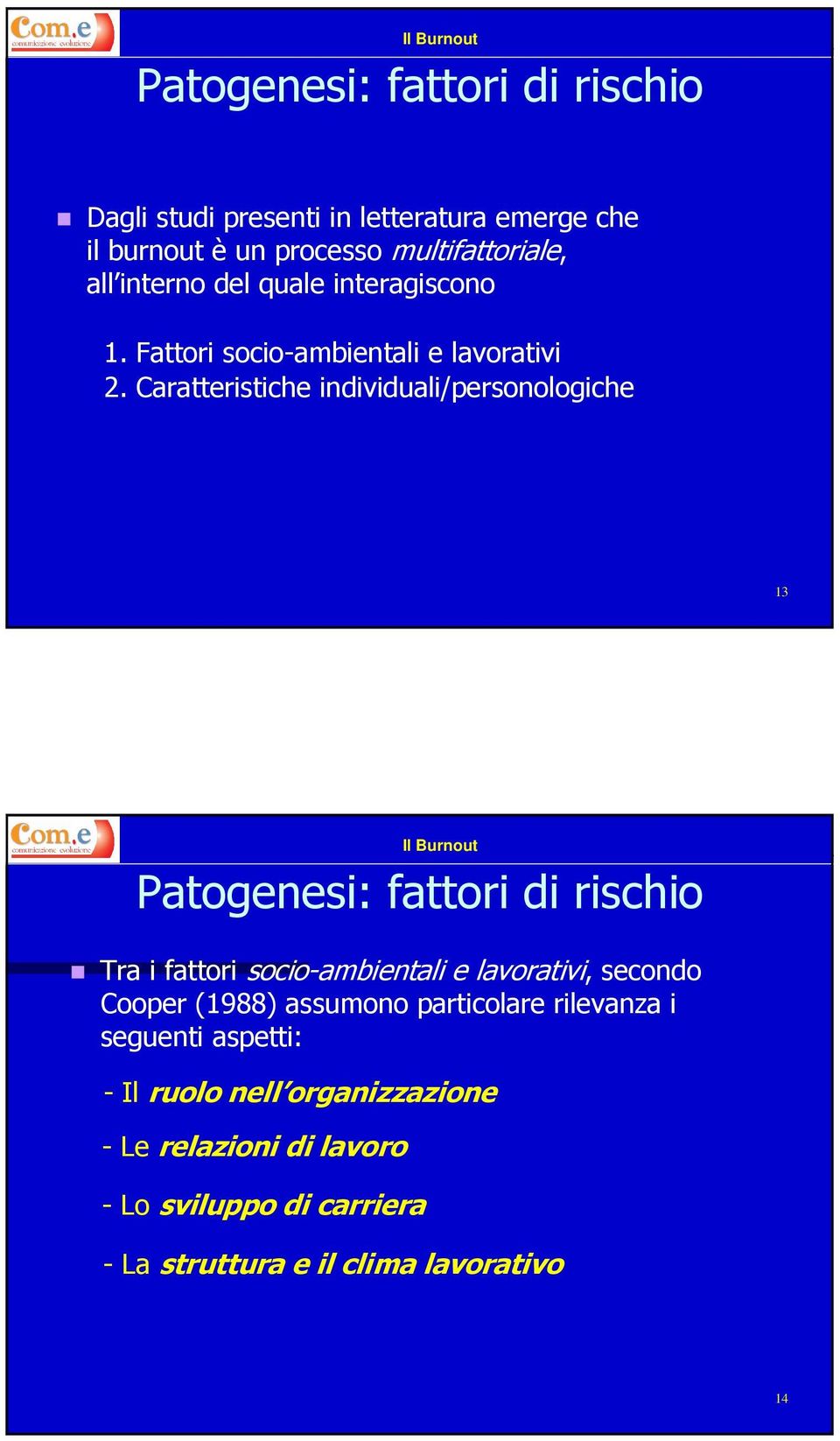 Caratteristiche individuali/personologiche 13 Patogenesi: fattori di rischio Tra i fattori socio-ambientali e lavorativi,