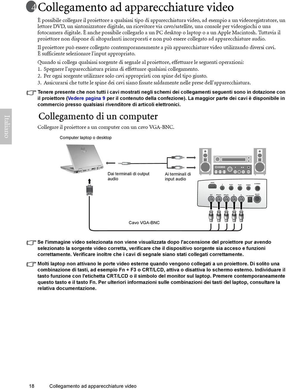 Tuttavia il proiettore non dispone di altoparlanti incorporati e non può essere collegato ad apparecchiature audio.