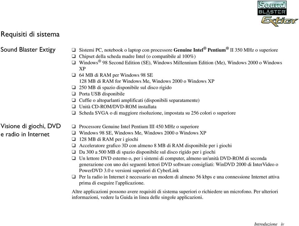 2000 o Windows XP 250 MB di spazio disponibile sul disco rigido Porta USB disponibile Cuffie o altoparlanti amplificati (disponibili separatamente) Unità CD-ROM/DVD-ROM installata Scheda SVGA o di