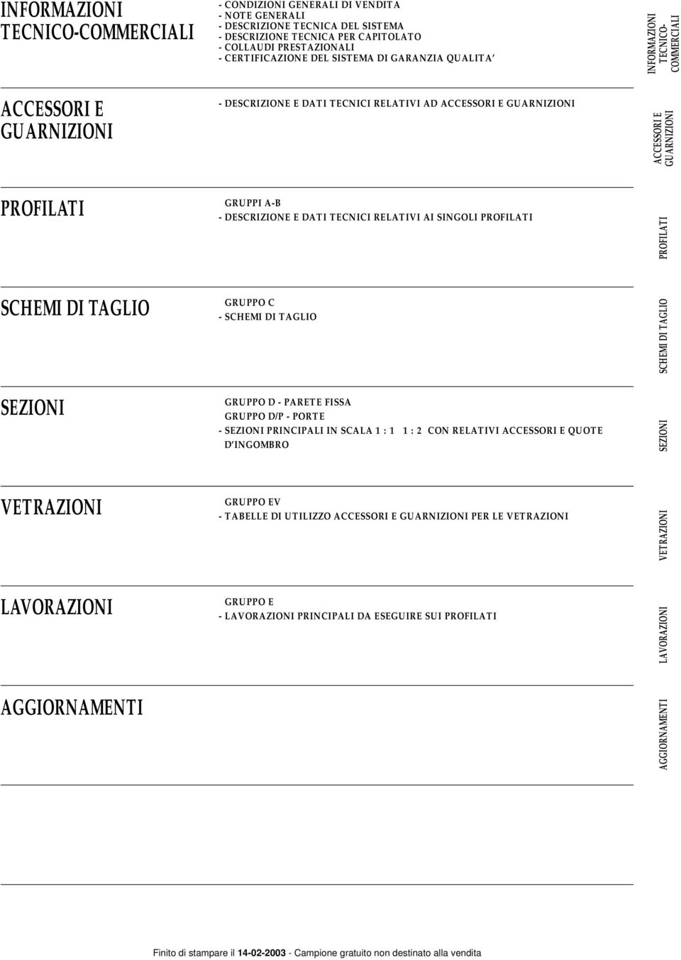 DESCRIZIONE E DATI TECNICI RELATIVI AI SINGOLI PROFILATI PROFILATI SCHEMI DI TAGLIO SEZIONI - C - SCHEMI DI TAGLIO - D - PARETE FISSA - D/P - PORTE - SEZIONI PRINCIPALI IN SCALA 1 : 1 1 : 2 CON