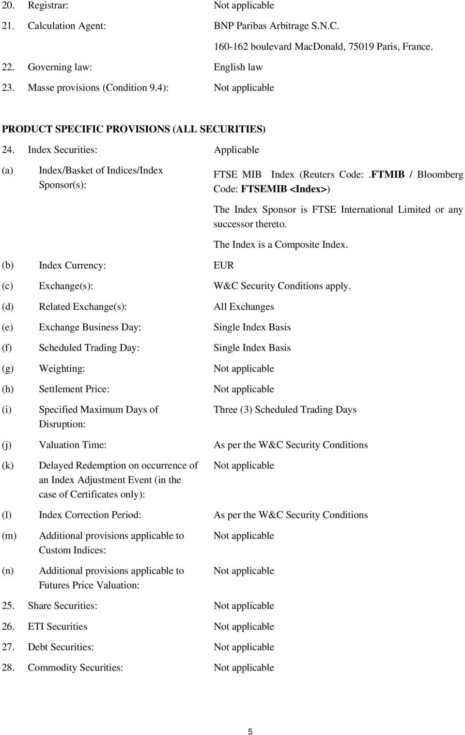 FTMIB / Bloomberg Code: FTSEMIB <Index>) The Index Sponsor is FTSE International Limited or any successor thereto. The Index is a Composite Index.