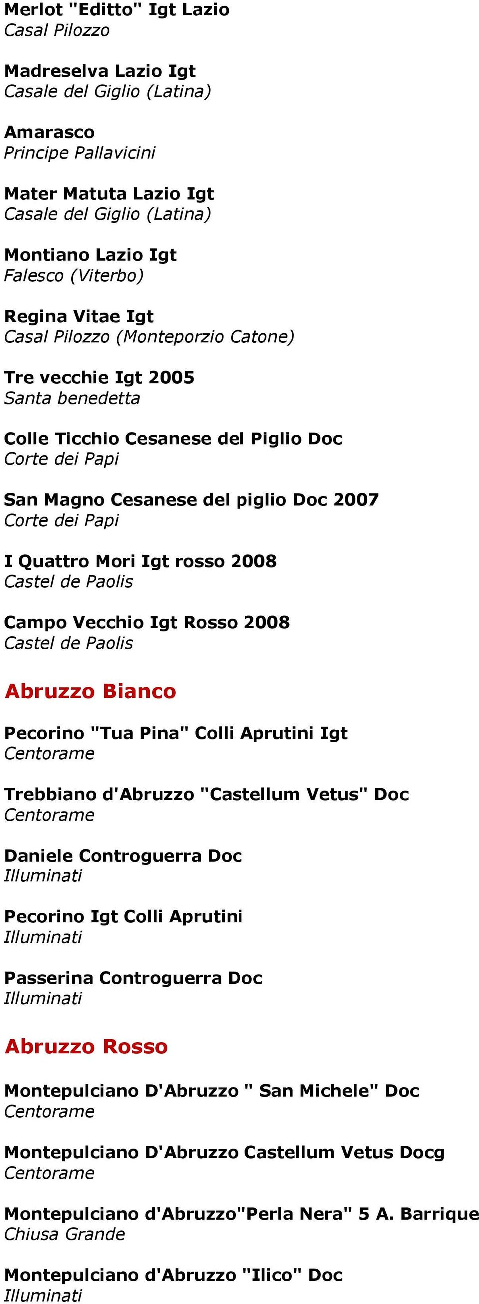 dei Papi I Quattro Mori Igt rosso 2008 Castel de Paolis Campo Vecchio Igt Rosso 2008 Castel de Paolis Abruzzo Bianco Pecorino "Tua Pina" Colli Aprutini Igt Centorame Trebbiano d'abruzzo "Castellum