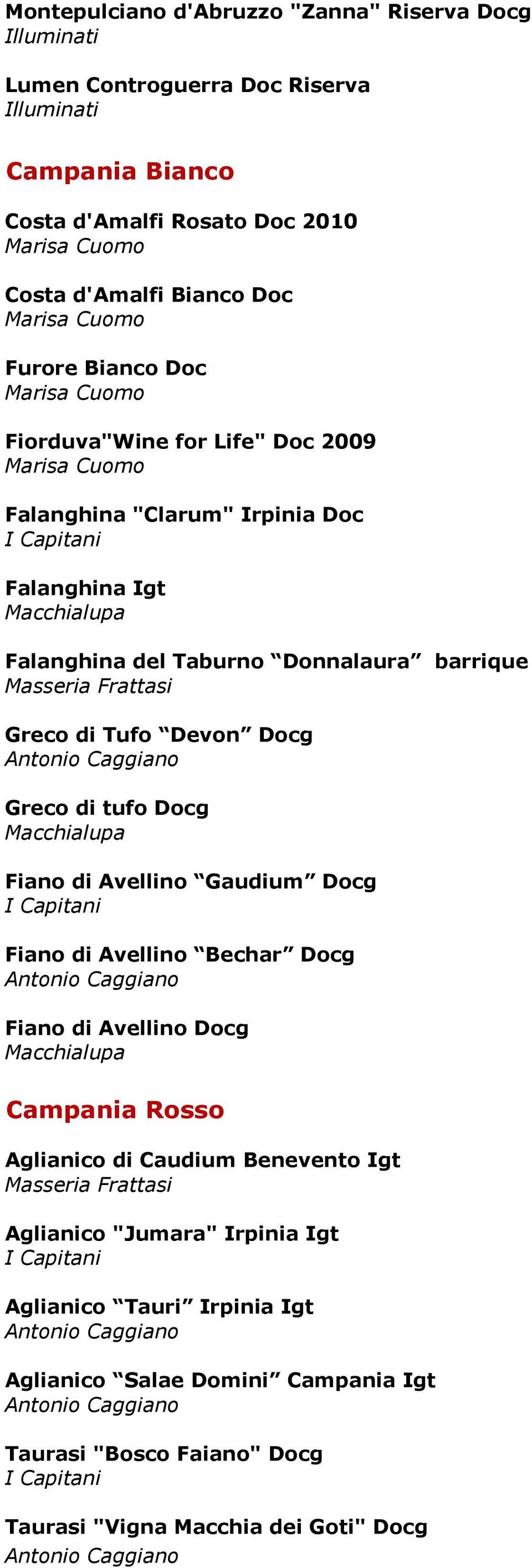 Frattasi Greco di Tufo Devon Docg Antonio Caggiano Greco di tufo Docg Macchialupa Fiano di Avellino Gaudium Docg I Capitani Fiano di Avellino Bechar Docg Antonio Caggiano Fiano di Avellino Docg