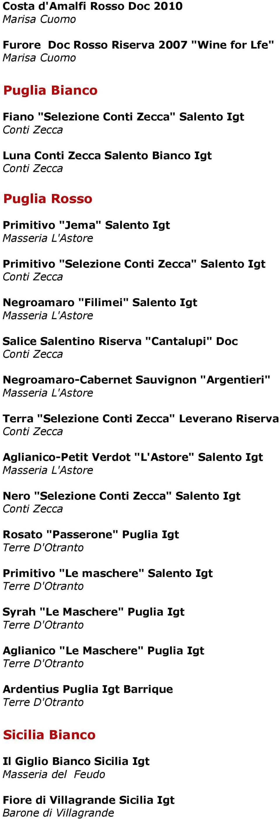 Salentino Riserva "Cantalupi" Doc Conti Zecca Negroamaro-Cabernet Sauvignon "Argentieri" Masseria L'Astore Terra "Selezione Conti Zecca" Leverano Riserva Conti Zecca Aglianico-Petit Verdot "L'Astore"