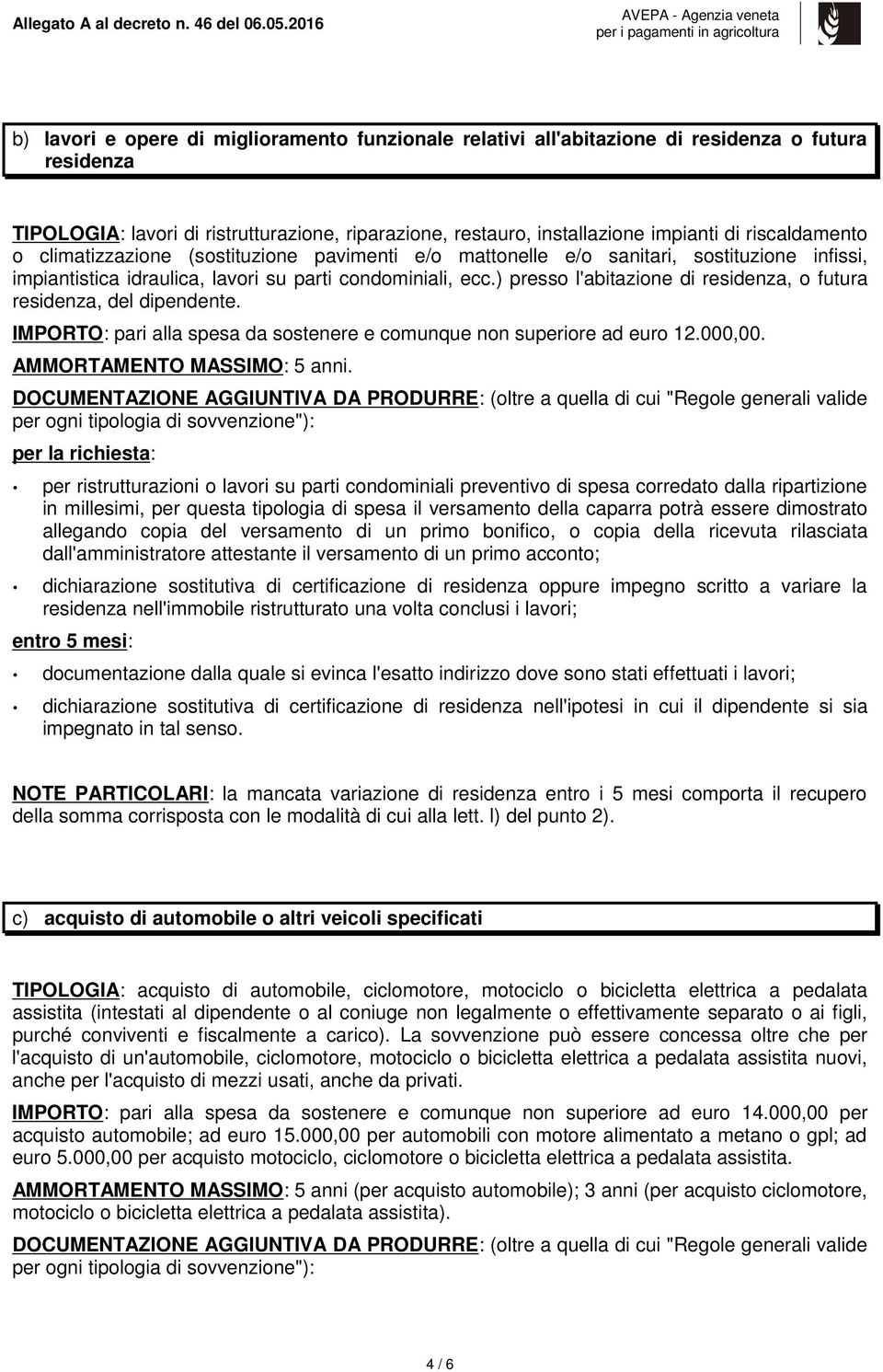 ) presso l'abitazione di residenza, o futura residenza, del dipendente. IMPORTO: pari alla spesa da sostenere e comunque non superiore ad euro 12.000,00. AMMORTAMENTO MASSIMO: 5 anni.