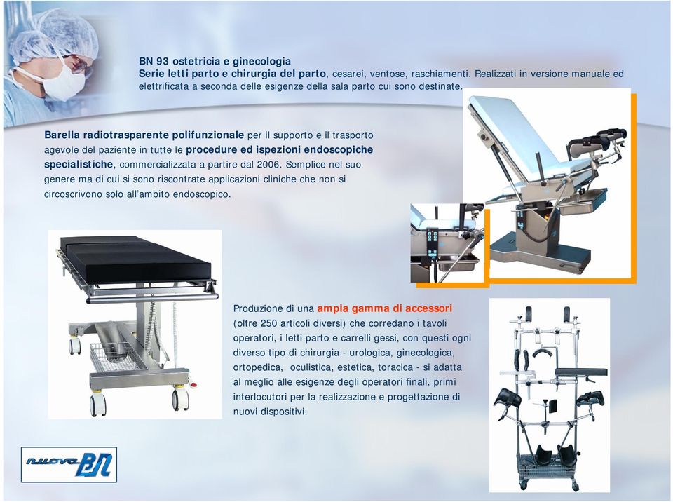 Barella radiotrasparente polifunzionale per il supporto e il trasporto agevole del paziente in tutte le procedure ed ispezioni endoscopiche specialistiche, commercializzata a partire dal 2006.