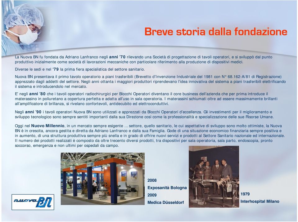 Nuova BN presentava il primo tavolo operatorio a piani trasferibili (Brevetto d Invenzione Industriale del 1981 con N 68.162-A/81 di Registrazione) apprezzato dagli addetti del settore.