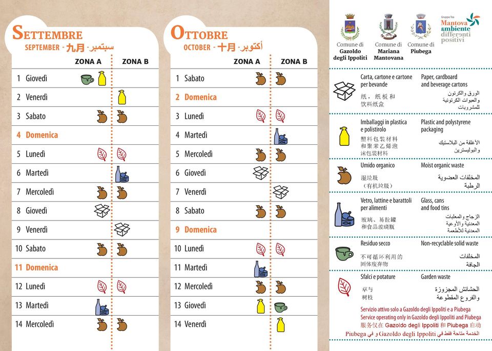 Moist organic waste 7 8 7 8 Vetro, lattine e barattoli per alimenti Glass, cans and food tins 9 9 Domenica 10 10 Residuo secco Non-recyclable solid waste 11