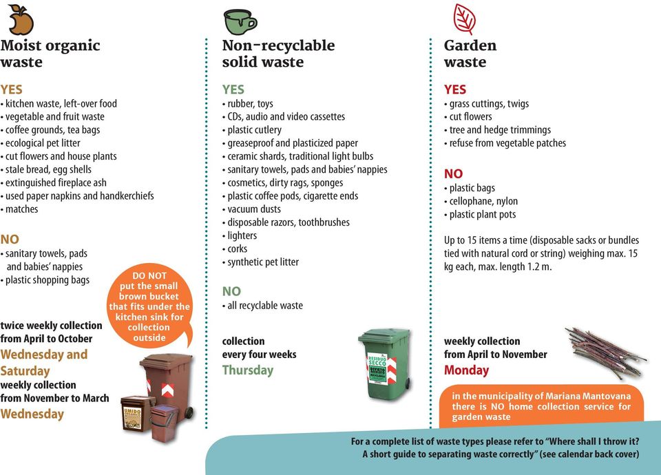weekly collection from November to March Wednesday DO NOT put the small brown bucket that fits under the kitchen sink for collection outside Non-recyclable solid waste YES rubber, toys CDs, audio and