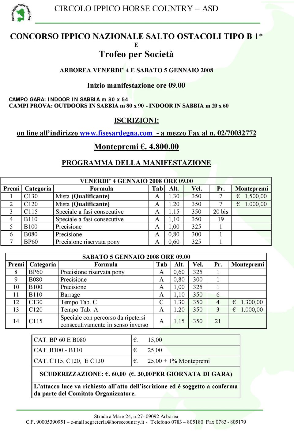 02/70032772 Montepremi. 4.800,00 PROGRAMMA DELLA MANIFESTAZIONE VENERDI 4 GENNAIO 2008 ORE 09.00 Premi Categoria Formula Tab Alt. Vel. Pr. Montepremi 1 C130 Mista (Qualificante) A 1.30 350 7 1.