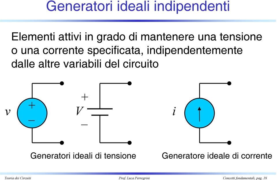 variabili del circuito v V i Generatori ideali di tensione Generatore