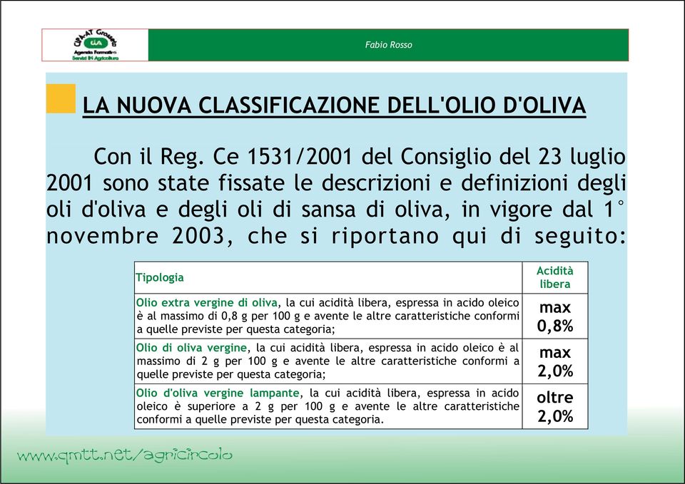 seguito: Tipologia Olio extra vergine di oliva, la cui acidità libera, espressa in acido oleico è al massimo di 0,8 g per 100 g e avente le altre caratteristiche conformi a quelle previste per questa