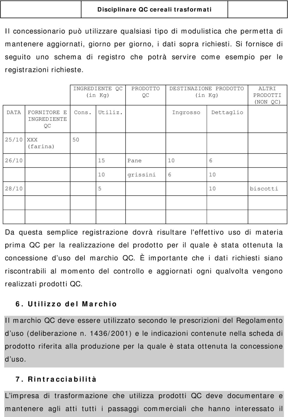 DATA FORNITORE E INGREDIENTE QC 25/10 XXX (farina) INGREDIENTE QC (in Kg) PRODOTTO QC DESTINAZIONE PRODOTTO (in Kg) Cons. Utiliz.