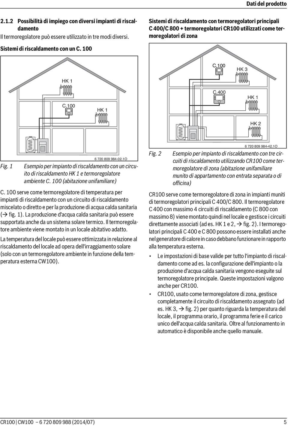 400 HK 1 HK 2 6 720 809 984-02.1O Fig. 1 Esempio per impianto di riscaldamento con un circuito di riscaldamento HK 1 e termoregolatore ambiente C. 100 (abitazione unifamiliare) C.