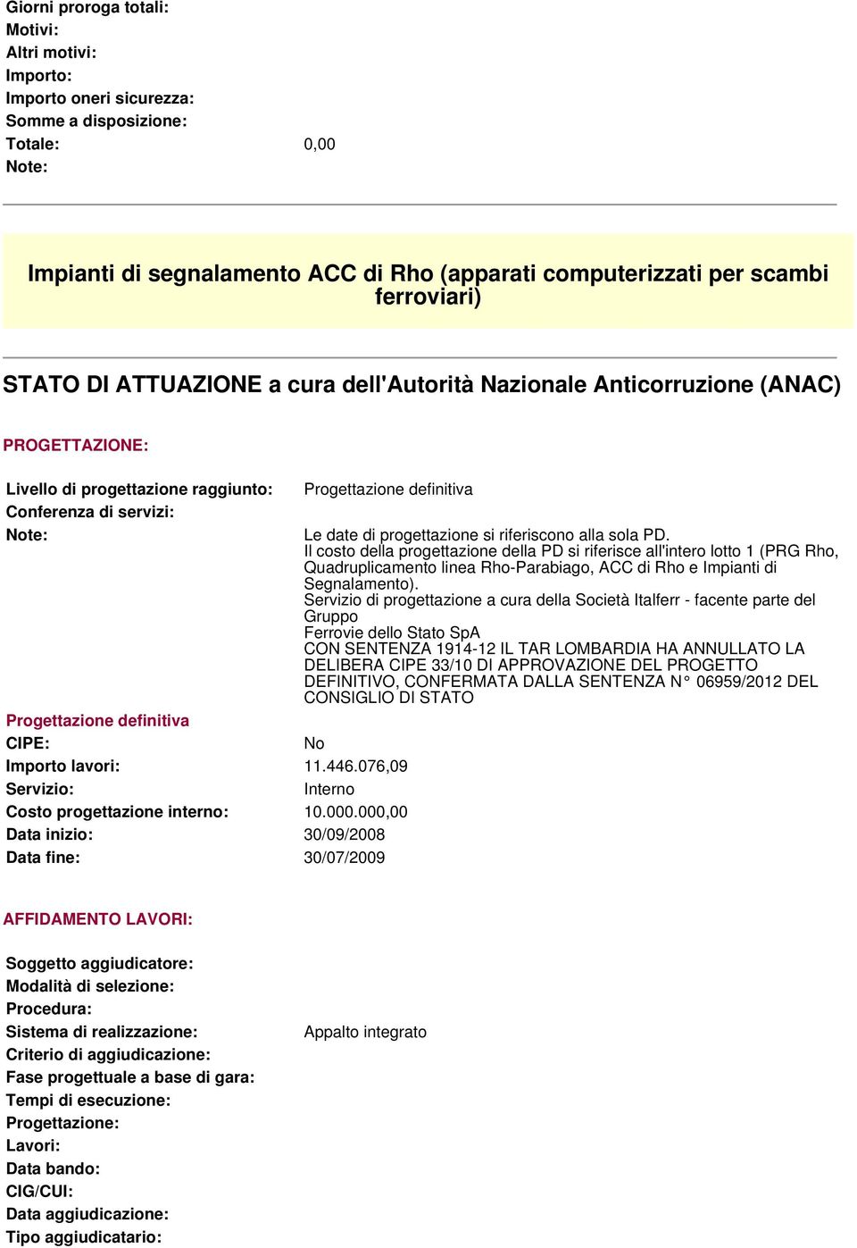 076,09 Servizio: Interno Costo progettazione interno: 10.000.000,00 Data inizio: 30/09/2008 Data fine: 30/07/2009 Le date di progettazione si riferiscono alla sola PD.