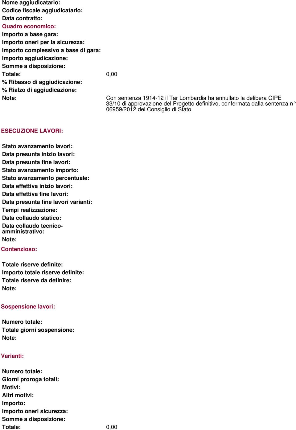 06959/2012 del Consiglio di Stato ESECUZIONE LAVORI: Stato avanzamento lavori: Data presunta inizio lavori: Data presunta fine lavori: Stato avanzamento importo: Stato avanzamento percentuale: Data