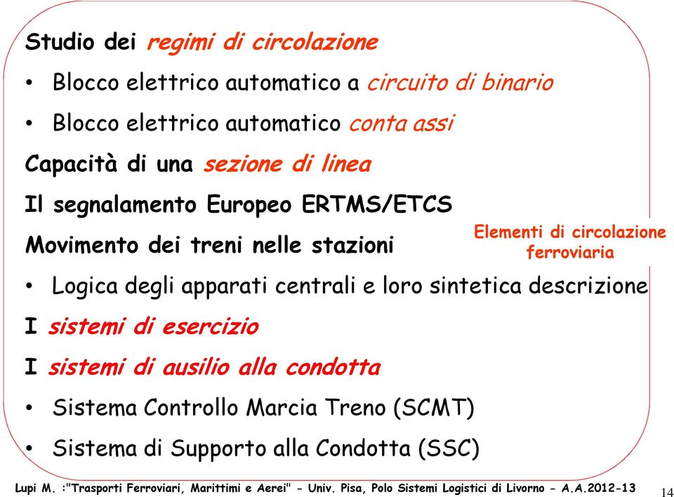 Elemeni di circolazione ferroiaria Logica degli apparai cenrali e loro sineica descrizione I sisemi di