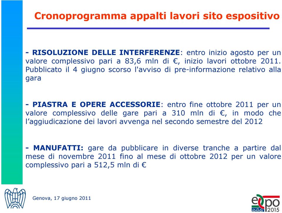 Pubblicato il 4 giugno scorso l'avviso di pre-informazione relativo alla gara - PIASTRA E OPERE ACCESSORIE: entro fine ottobre 2011 per un valore