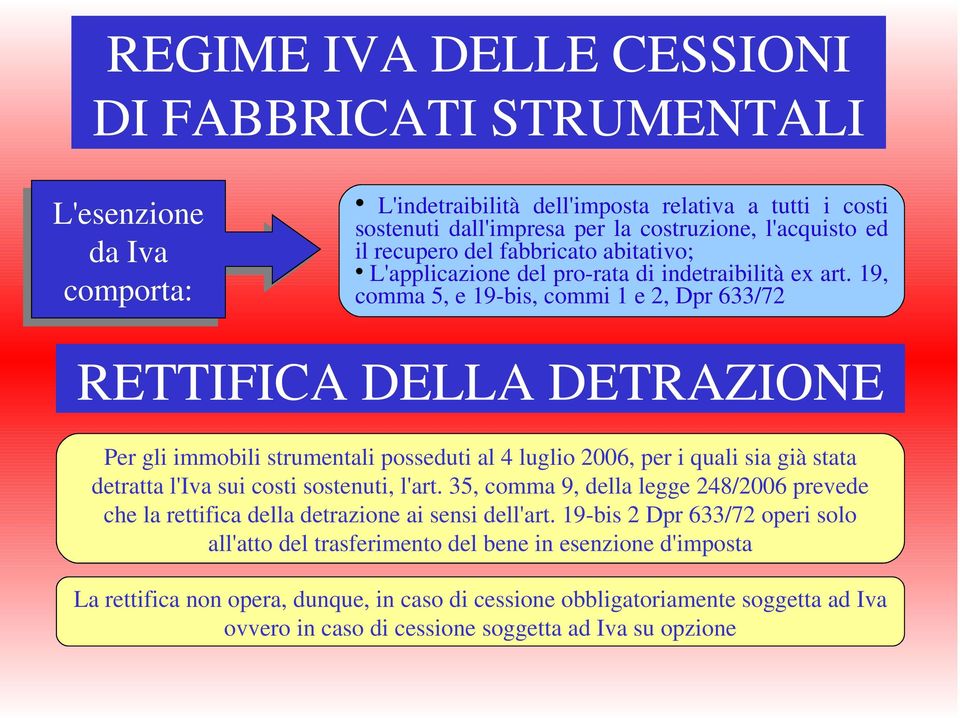 19, comma 5, e 19-bis, commi 1 e 2, Dpr 633/72 RETTIFICA DELLA DETRAZIONE Per gli immobili strumentali posseduti al 4 luglio 2006, per i quali sia già stata detratta l'iva sui costi sostenuti, l'art.