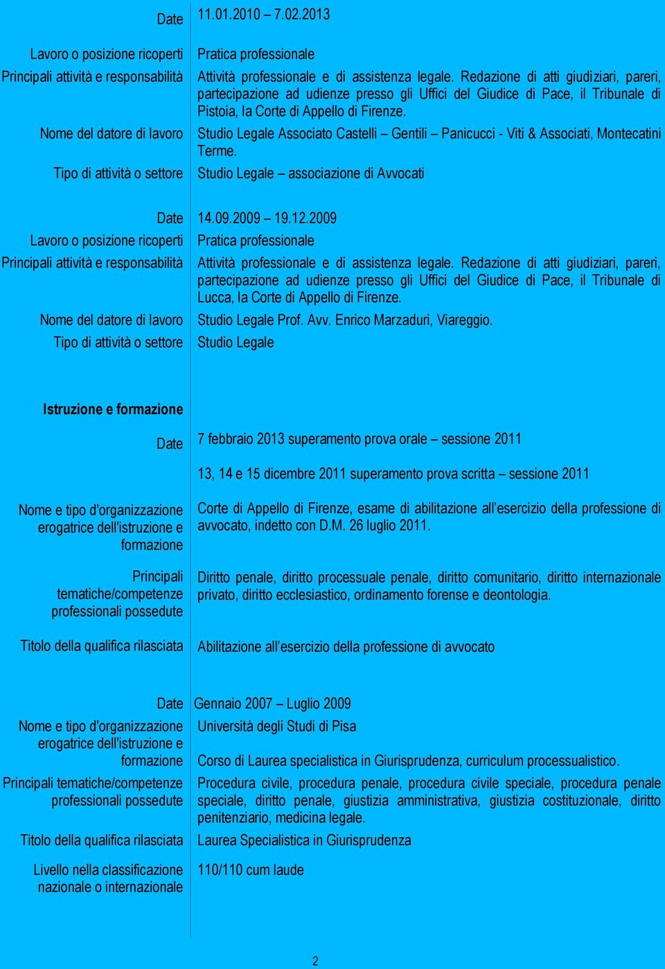 Studio Legale Associato Castelli Gentili Panicucci - Viti & Associati, Montecatini Terme. Studio Legale associazione di Avvocati Nome del datore di lavoro 14.09.2009 19.12.
