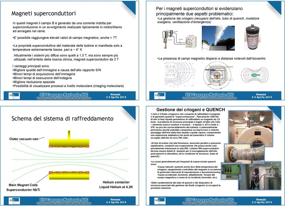 possibile raggiungere elevati valori di campo magnetico, anche > 7T Le proprietà superconduttive del materiale delle bobine si manifesta solo a temperature estremamente basse, pari a ~ 4 K