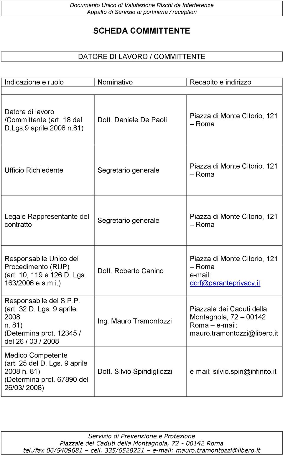 Citorio, 121 Roma Responsabile Unico del Procedimento (RUP) (art. 10, 119 e 126 D. Lgs. 163/2006 e s.m.i.) Responsabile del S.P.P. (art. 32 D. Lgs. 9 aprile 2008 n. 81) (Determina prot.