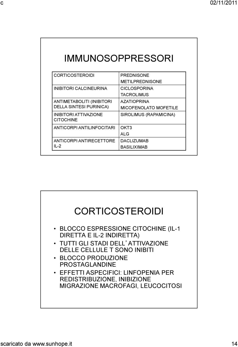 ALG DACLIZUMAB BASILIXIMAB CORTICOSTEROIDI BLOCCO ESPRESSIONE CITOCHINE (IL-1 DIRETTA E IL-2 INDIRETTA) TUTTI GLI STADI DELL ATTIVAZIONE DELLE CELLULE T SONO