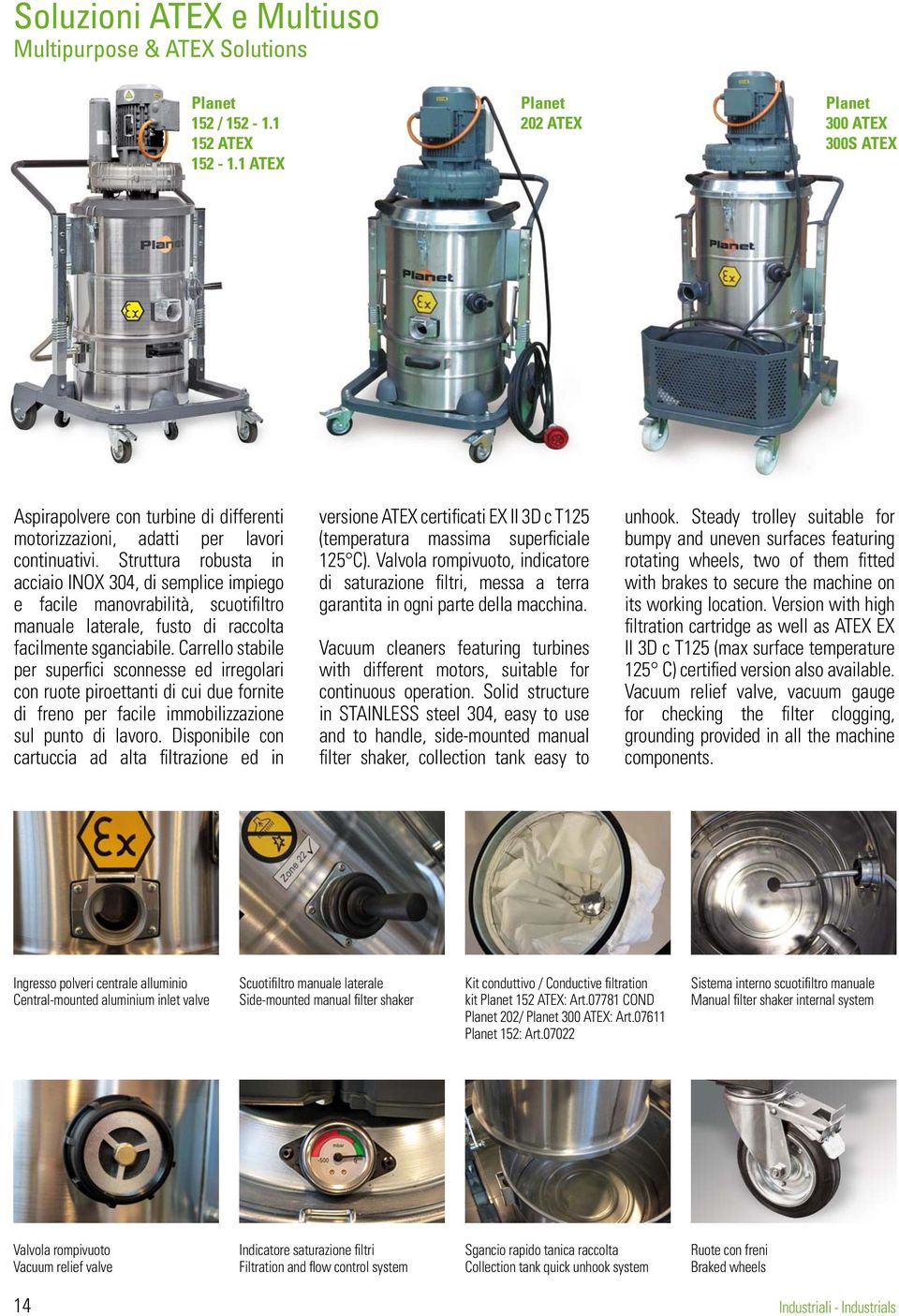 Struttura robusta in acciaio INOX 304, di semplice impiego e facile manovrabilità, scuotifiltro manuale laterale, fusto di raccolta facilmente sganciabile.