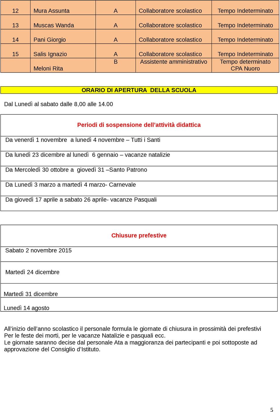 00 ORARIO DI APERTURA DELLA SCUOLA Periodi di sospensione dell attività didattica Da venerdì 1 novembre a lunedì 4 novembre Tutti i Santi Da lunedì 23 dicembre al lunedì 6 gennaio vacanze natalizie