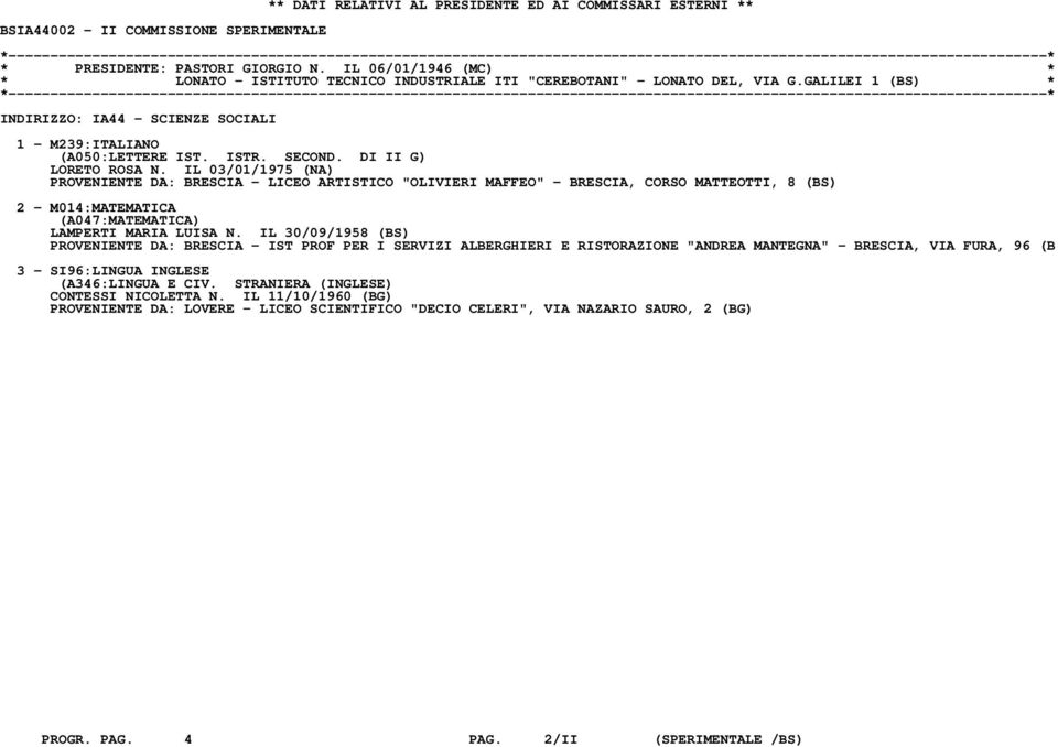 IL 03/01/1975 (NA) PROVENIENTE DA: BRESCIA - LICEO ARTISTICO "OLIVIERI MAFFEO" - BRESCIA, CORSO MATTEOTTI, 8 (BS) 2 - M014:MATEMATICA (A047:MATEMATICA) LAMPERTI MARIA LUISA N.