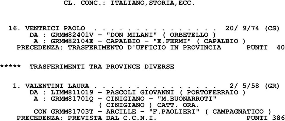 FERMI" ( CAPALBIO ) PRECEDENZA: TRASFERIMENTO D'UFFICIO IN PROVINCIA PUNTI 40 ***** TRASFERIMENTI TRA PROVINCE DIVERSE 1.