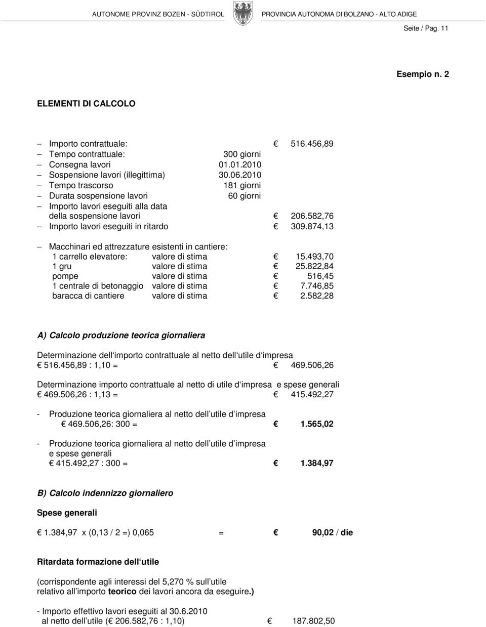 874,13 Macchinari ed attrezzature esistenti in cantiere: 1 carrello elevatore: valore di stima 15.493,70 1 gru valore di stima 25.