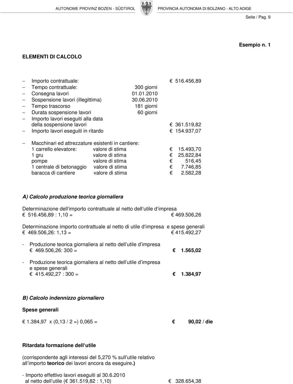 937,07 Macchinari ed attrezzature esistenti in cantiere: 1 carrello elevatore: valore di stima 15.493,70 1 gru valore di stima 25.