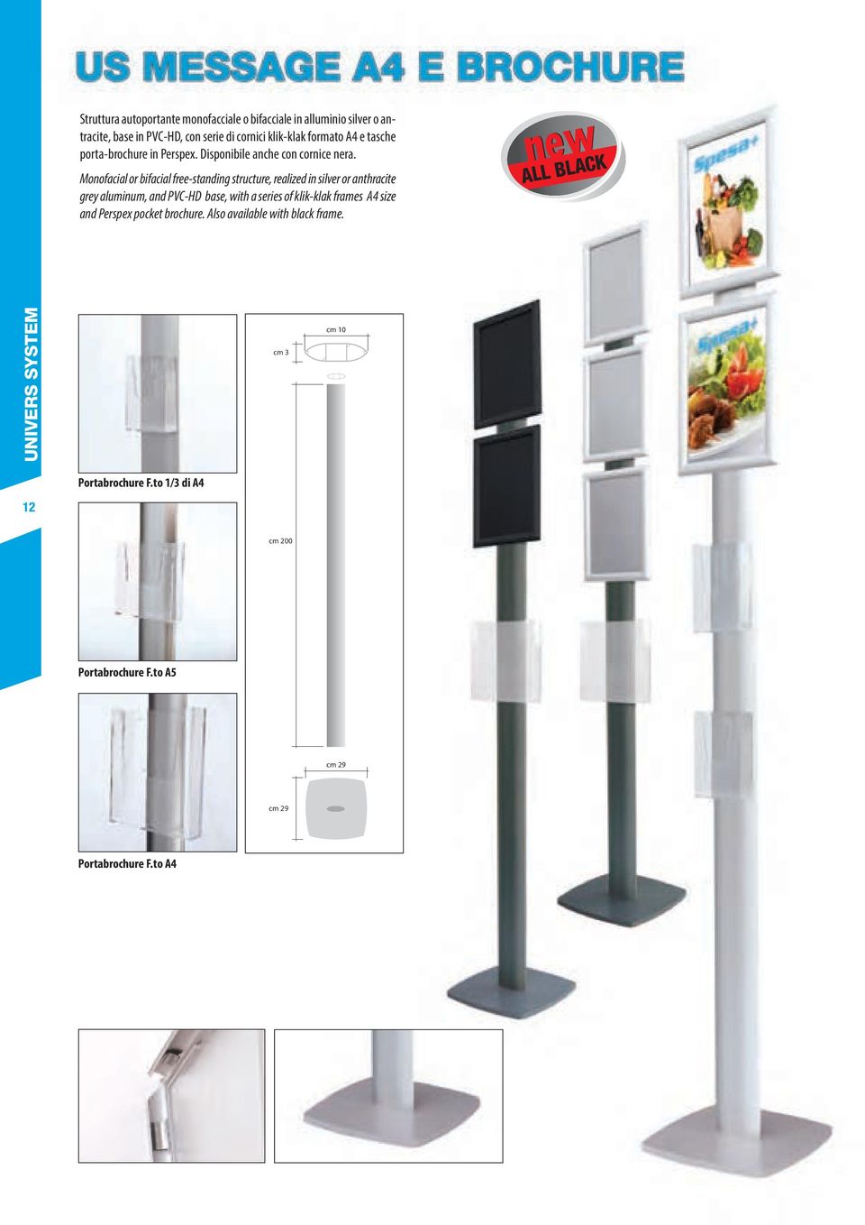 Monofacial or bifacial free-standing structure, realized in silver or anthracite grey aluminum, and PVC-HD base, with a series of klik-klak