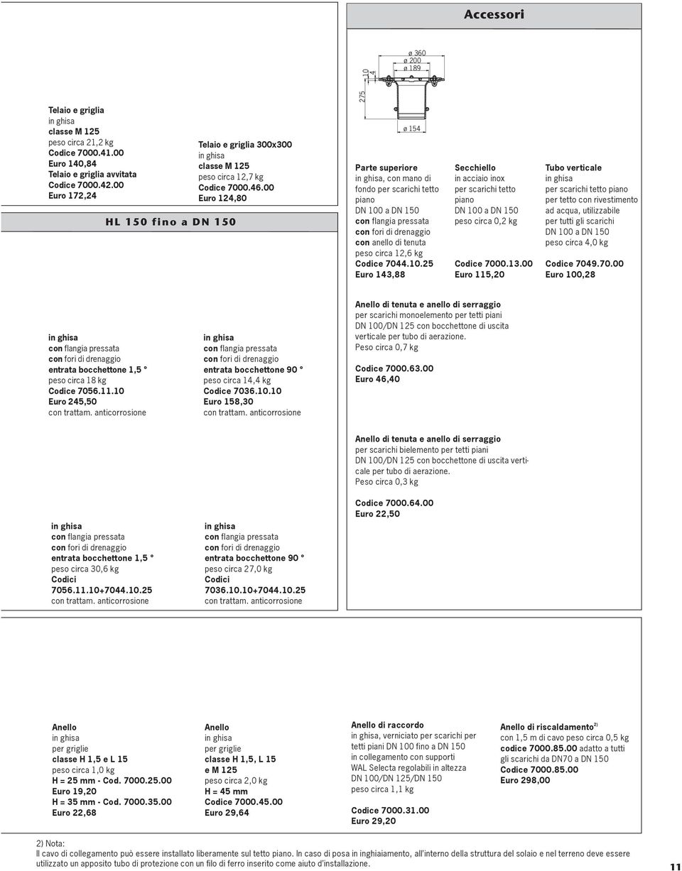 00 Euro 124,80 ø 154 Parte superiore, con mano di fondo per scarichi tetto piano DN 100 a DN 150 con anello di tenuta peso circa 12,6 kg Codice 7044.10.25 Euro 143,88 Secchiello in acciaio inox per scarichi tetto piano DN 100 a DN 150 peso circa 0,2 kg Codice 7000.