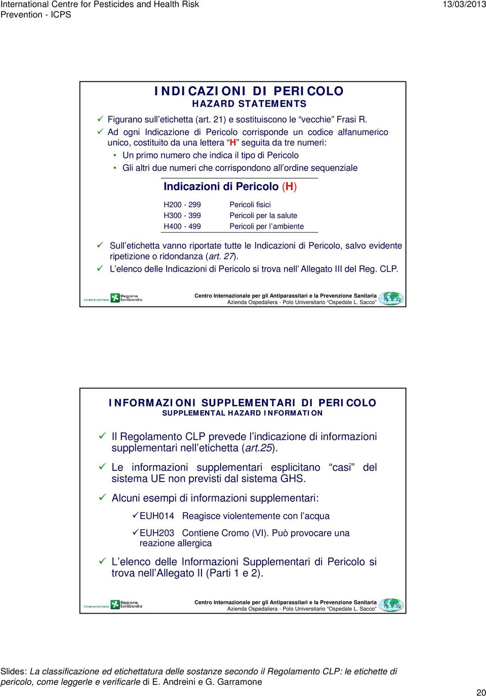 corrispondono all ordine sequenziale Indicazioni di Pericolo (H) H200-299 H300-399 H400-499 Pericoli fisici Pericoli per la salute Pericoli per l ambiente Sull etichetta vanno riportate tutte le