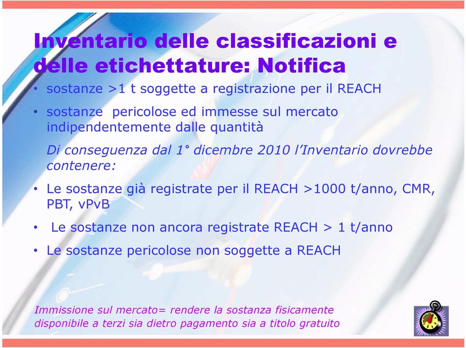 Le sostanze già registrate per il REACH >1000 t/anno, CMR, PBT, vpvb Le sostanze non ancora registrate REACH > 1 t/anno Le sostanze