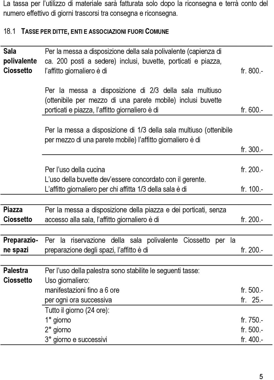 200 posti a sedere) inclusi, buvette, porticati e piazza, l affitto giornaliero è di fr. 800.