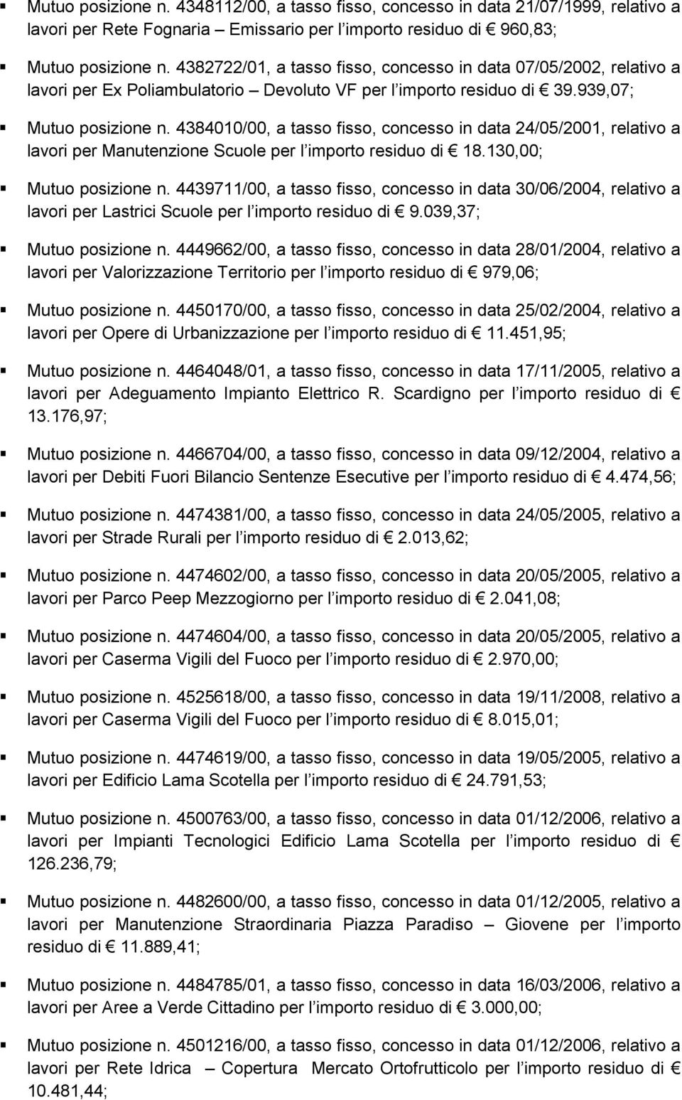 4384010/00, a tasso fisso, concesso in data 24/05/2001, relativo a lavori per Manutenzione Scuole per l importo residuo di 18.130,00; Mutuo posizione n.