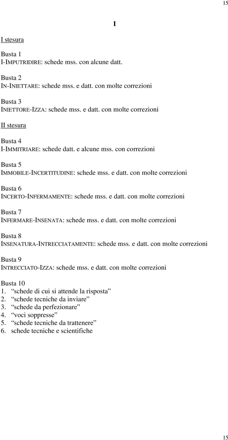 e datt. con molte correzioni Busta 8 INSENATURA-INTRECCIATAMENTE: schede mss. e datt. con molte correzioni Busta 9 INTRECCIATO-IZZA: schede mss. e datt. con molte correzioni 0 1.