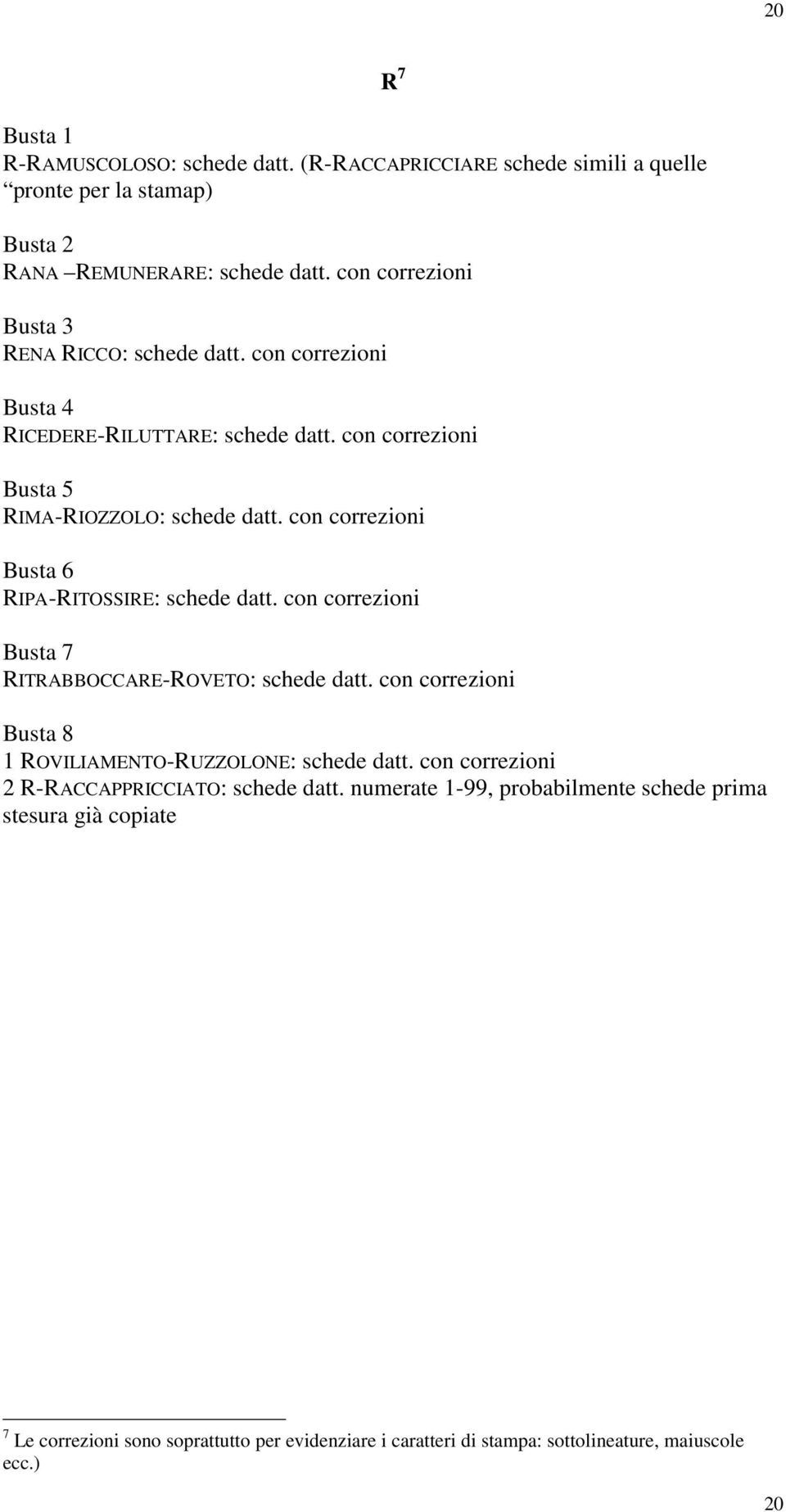 con correzioni Busta 6 RIPA-RITOSSIRE: schede datt. con correzioni Busta 7 RITRABBOCCARE-ROVETO: schede datt.