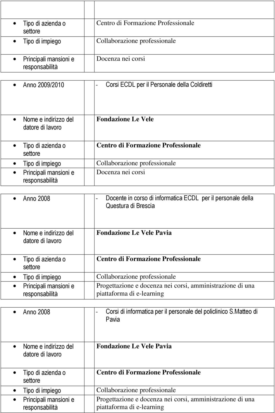 docenza nei corsi, amministrazione di una piattaforma di e-learning Anno 2008 - Corsi di informatica per il personale del